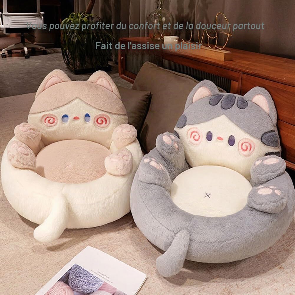JAWSEU Coussin de Chaise Kawaii en Forme de Chat, Coussin en Peluche avec Support de Dossier Mignonne Coussins de Sol de Canapé Coussin de Siège Coussin de Canapé Doux pour Bureau Maison Tatami