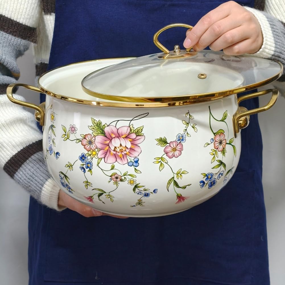 Enamel Simmer Pot with Glass Lid, Nonstick Saucepan Pot with Handle, Vintage Floral Stainless Steel Stockpot Cooking Pots for Induction Cookers and Stove,6 Quarts
