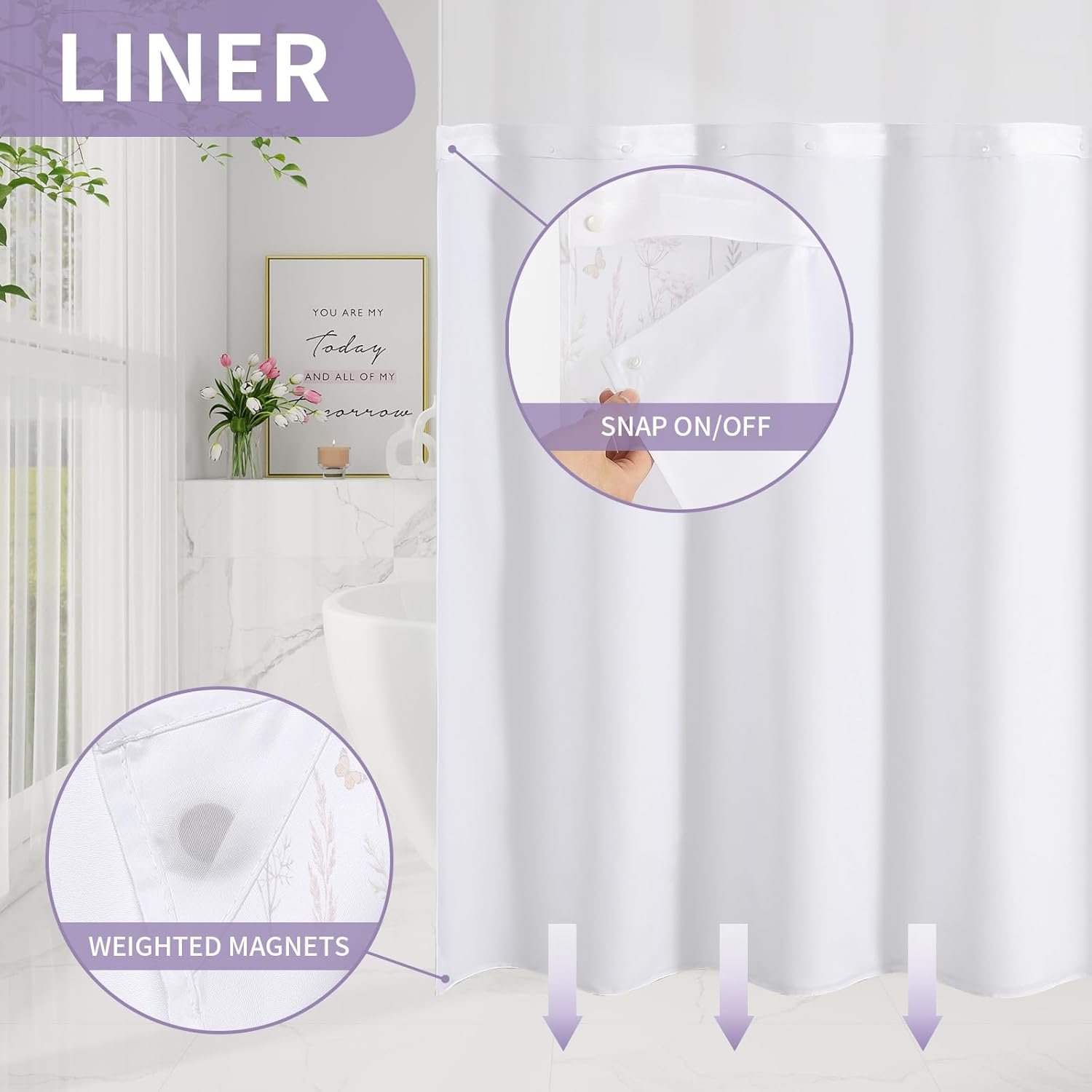 Purple Cute Floral Long Shower Curtain and Liner Set 72 x 80, No Hook 80 inch Long Watercolor Birds, Butterflies, Snails & Flower Design Shower Curtain Set with Snap-in Liner