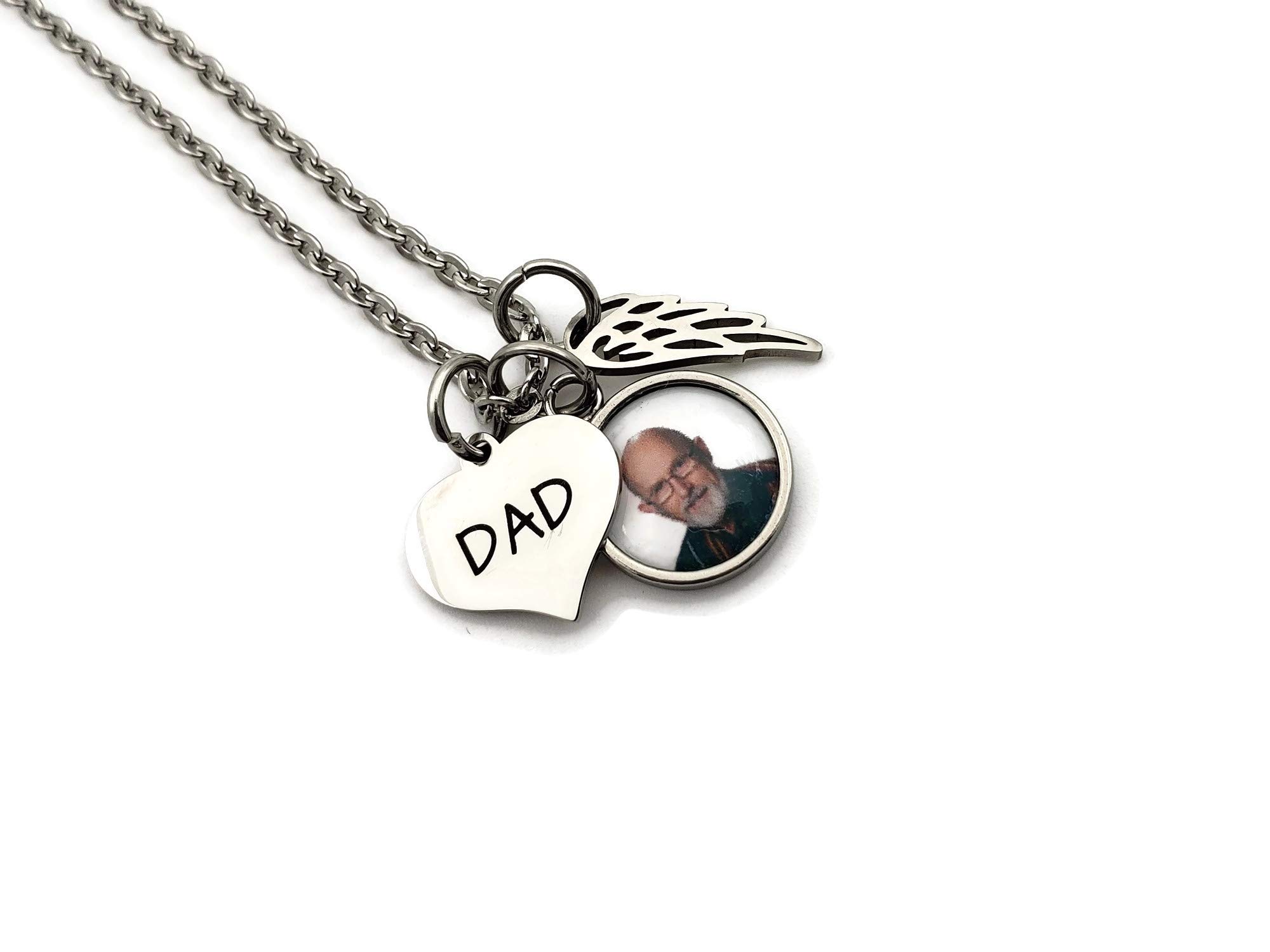 CustomHandmade by Remember Me Loss of Father Gift, In Loving Memory, Dad Memorial Necklace In Memory of Dad Necklace with Picture Charm, Angel Wing, and Dad Charm