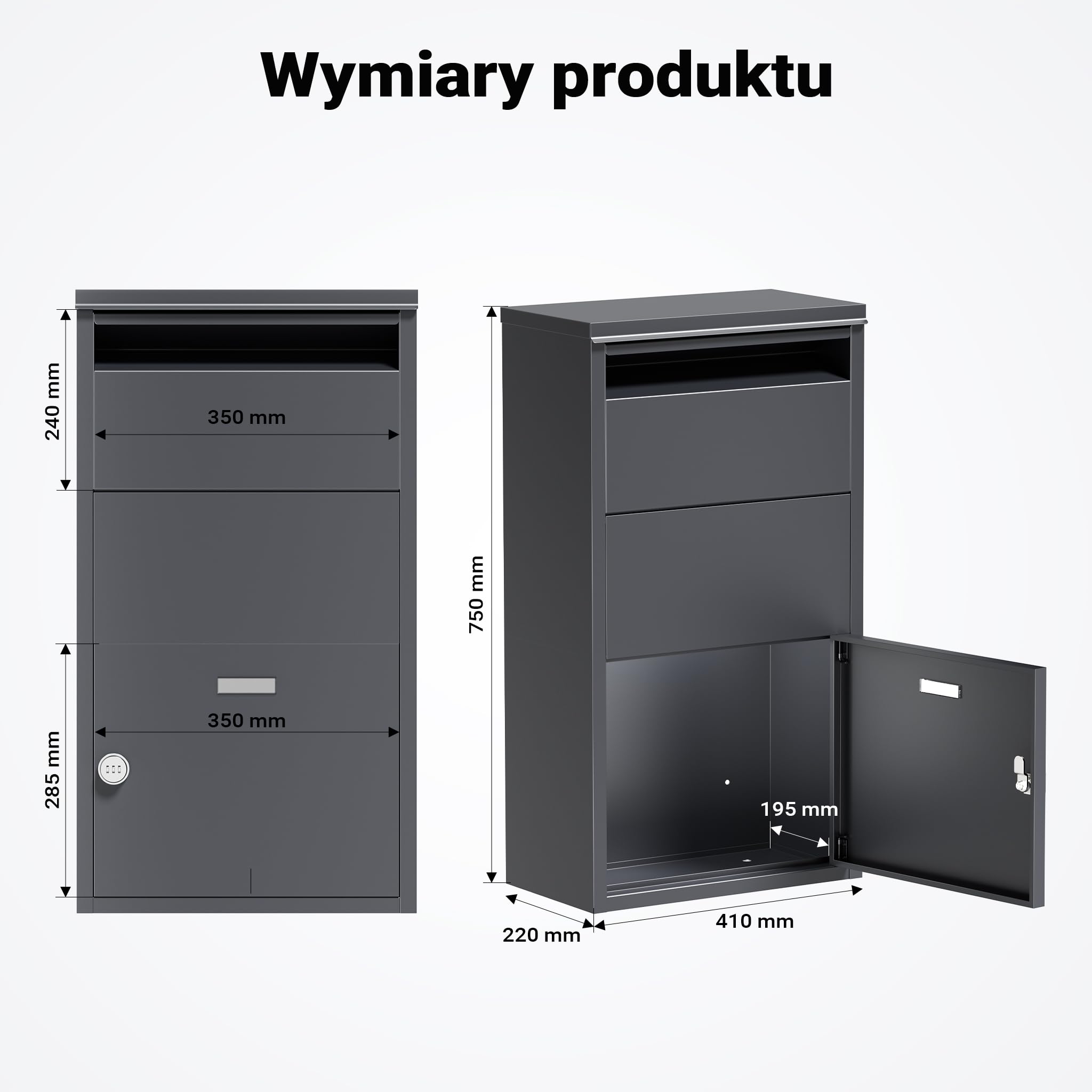 Wiltec Skrzynka na paczki antracytowa 410 x 220 x 750 mm, skrzynka na paczki do domu, prywatny punkt odbioru paczek, odpowiednia do paczek i przesyłek, skrzynka pocztowa stojąca stalowa
