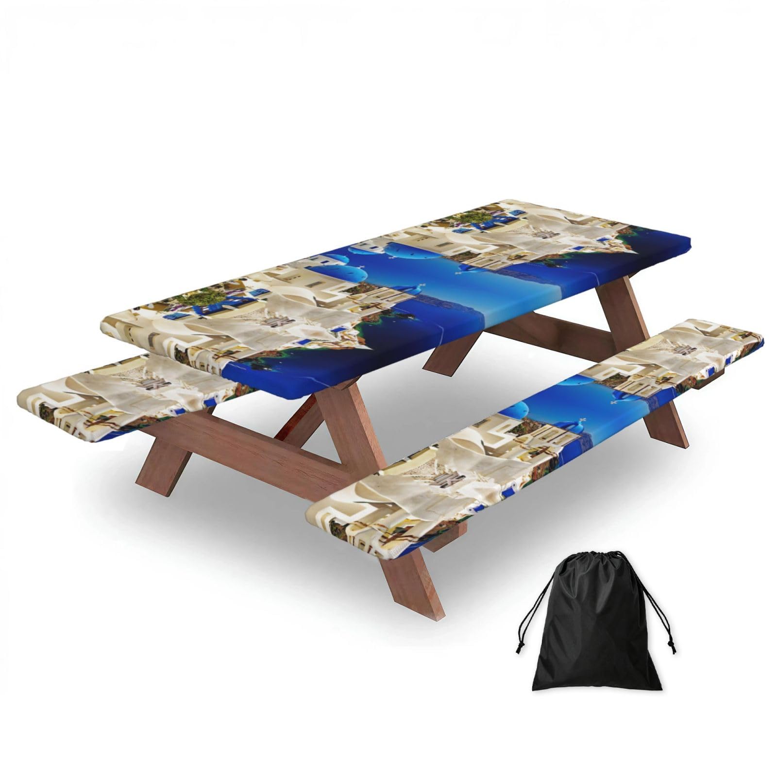 Santorini Greek Island Sea View Print 3 Pack Wipeable Picnic Bench Cover And Table Cover Lightweight Table Cloth For Camping Outdoor