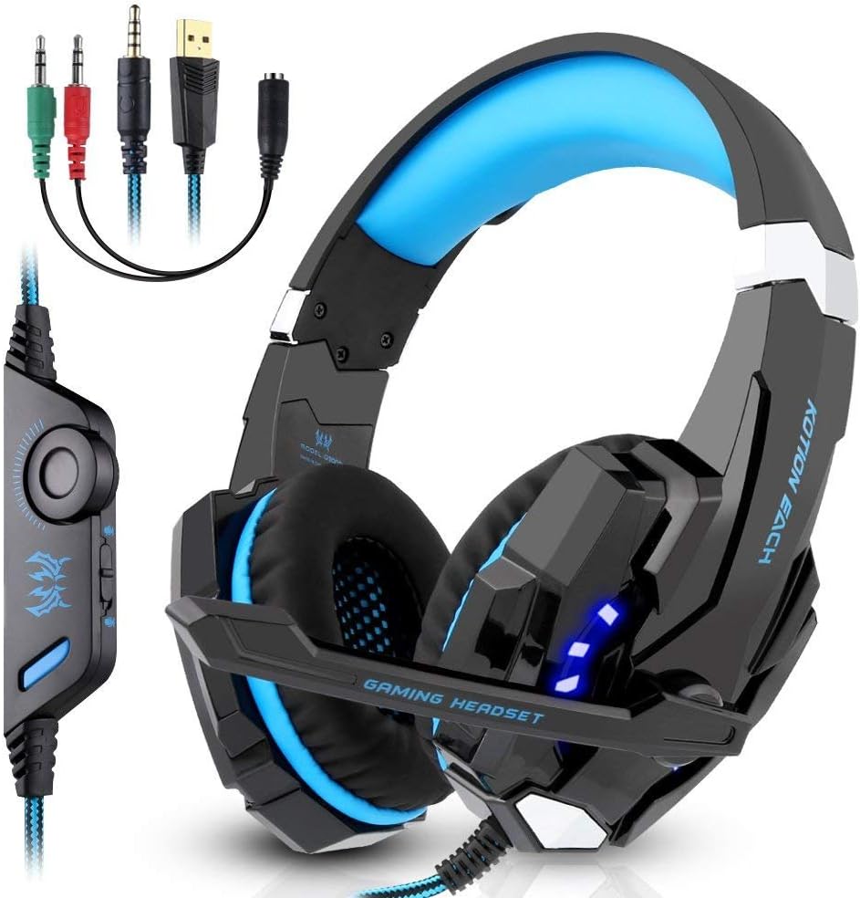 Gaming Headset, Candywe G9000 3.5mm Stereo Gaming Headphone for PS4, PC, Xbox One Controller, Wired Headset Earphone Headband with Microphone LED Light, Volume Control, Noise Canceling, Bass Surround