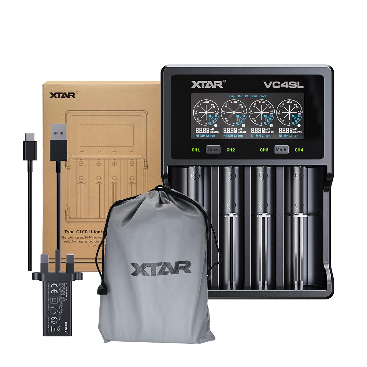 VC4SL Charger with UK QC3.0 Adapter Upgraded from XTAR VC4S 18650 18700 26650 21700 1.2V AA AAA charger Test Battery Real Capacity