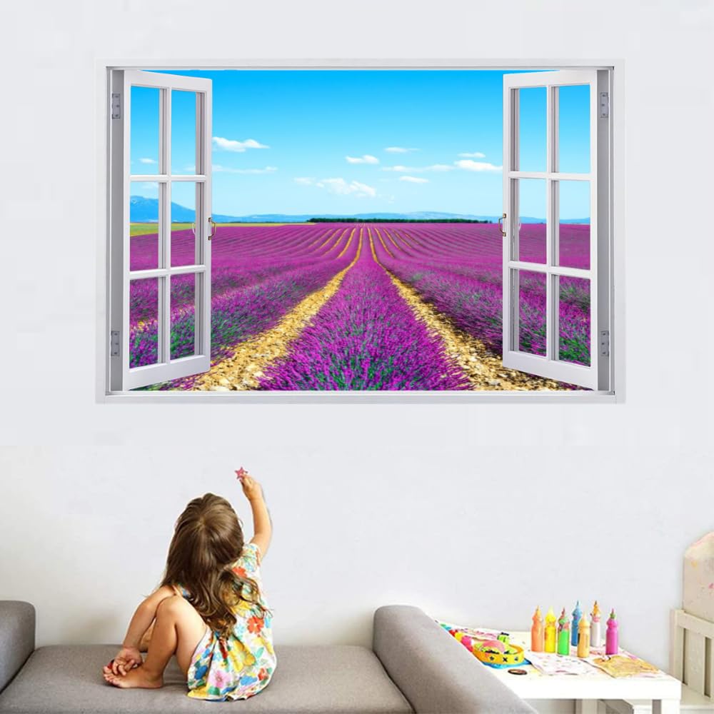 Pegatinas De Decoración De Pared 3D, Lavanda Calcomanías De Suelo De Vinilo Impermeables Extraíbles Arte, Paisaje Natural Calcomanías De Mural De Pared Rotas Para Niños Dormitorio 120x80cm