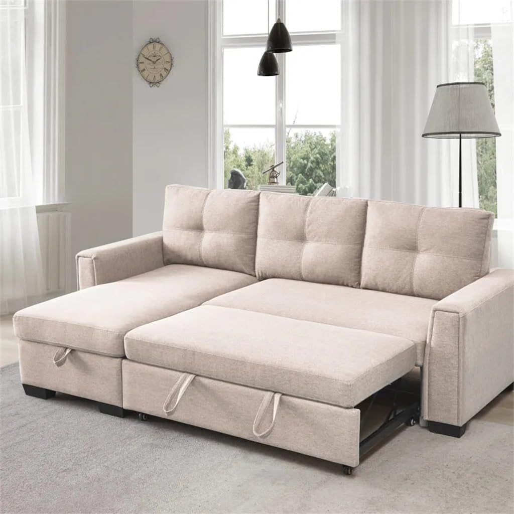 91.7” Pull-Out Sleeper Bed, L-Shape 3-Seater Modular Fabric Convertible Reversible Sectional Sofa Couch