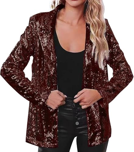 Women's Sequin Blazer Party Lapel Collar, Event Wedding Long Sequin Blazer Jacket, Disco Sequin Coat Multicolor (US, Alpha, 3X-Large, Regular, Regular, Dark Brown Sequin Blazer Jacket Women)