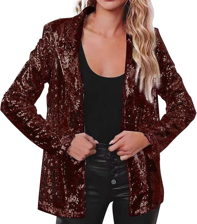 Womens Sequin Blazer Party Lapel Collar Event Wedding Long Sequin Blazer Jacket Disco Sequin Coat Multicolor