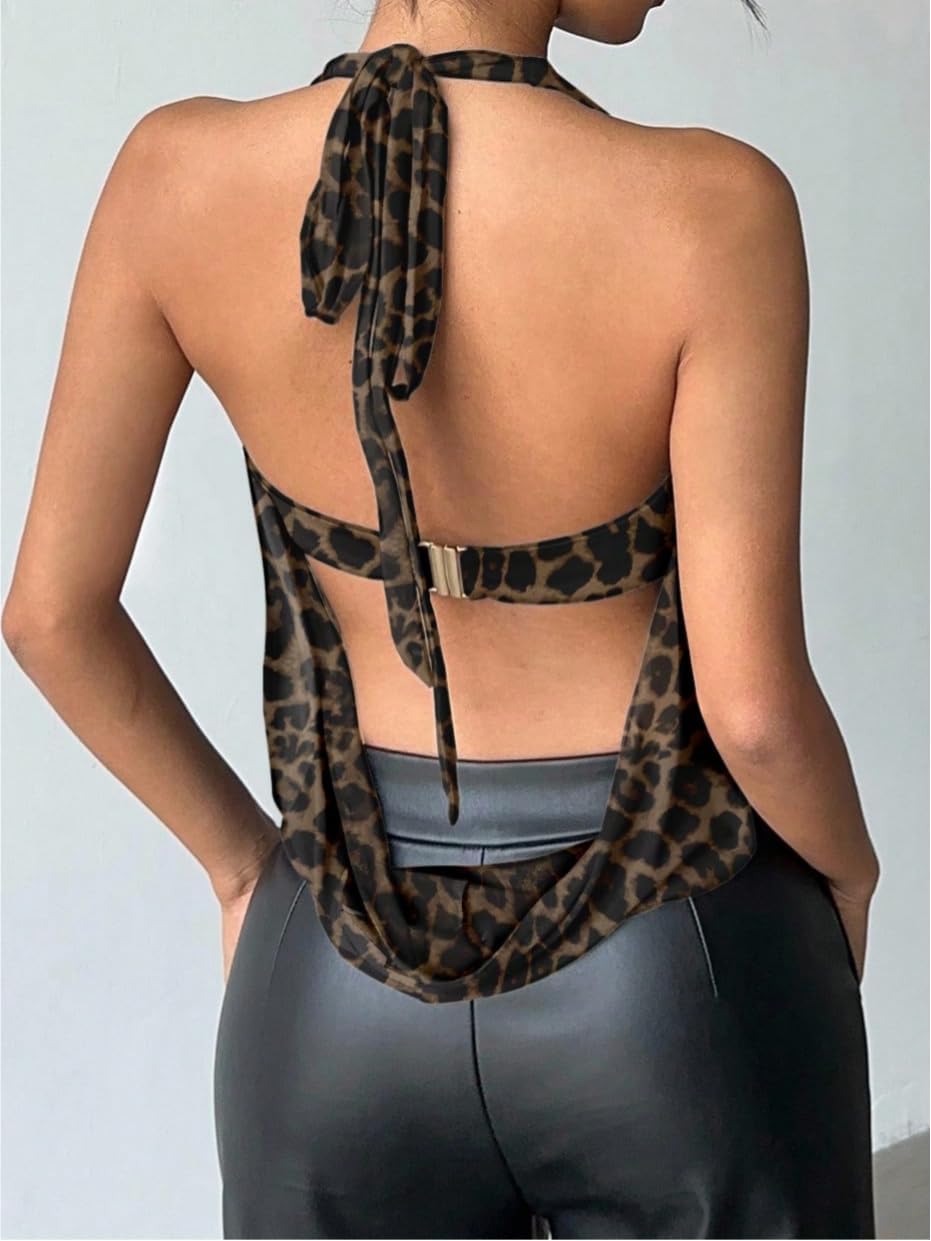 Women's Leopard Halter Neck TopMesh Backless Cowl Neck Fitted Shirt Sexy Cutout Slim Fit Vest Y2K Clubwear Party - Image 2