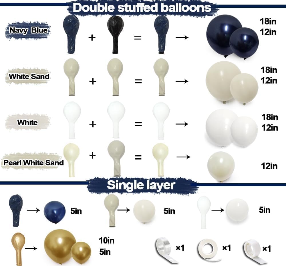 Navy Blue White Balloons Double Stuffed Dark Royal Blue White Gold Balloons Pearl Sand Balloon Garland Arch Kit for Birthday Baby Shower Father's Day Wedding Graduation Party Decorations