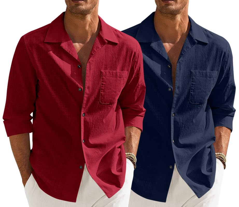 Image of Combo of Men's Casual Cotton Blend Shirt || Long Sleeve Button Down with Spread Collar | Lightweight Breathable Fabric | Stylish Solid Shirt for Beach, Office & Everyday Wear Pack of 2