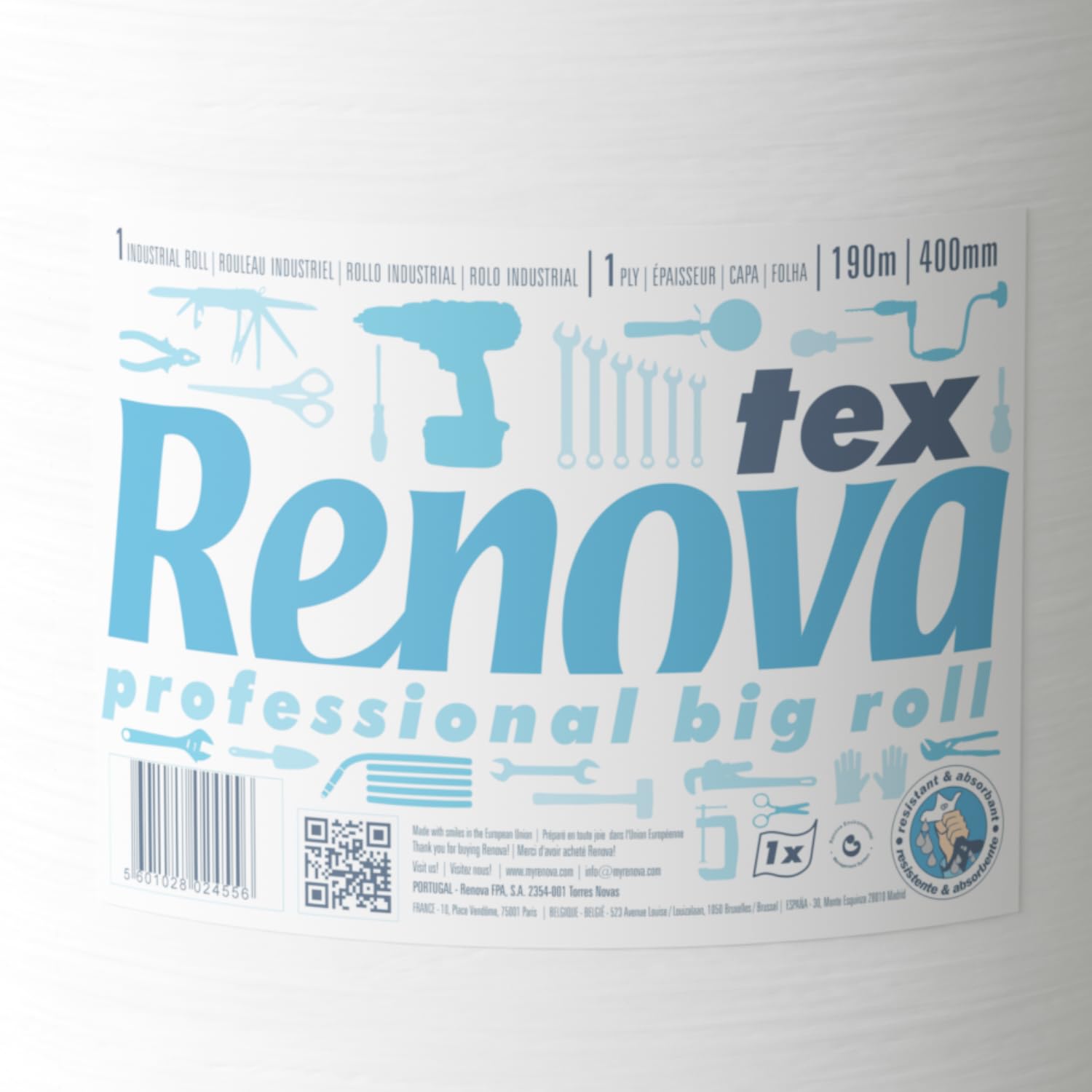 RENOVA Bobina Industrial Tex Blanca, 500 Servicios, 190 m, Efecto Tela | Papel blanco 80 g/m2, 500 servicios de 380x400 mm, 190 metros, utilización en seco y en húmedo