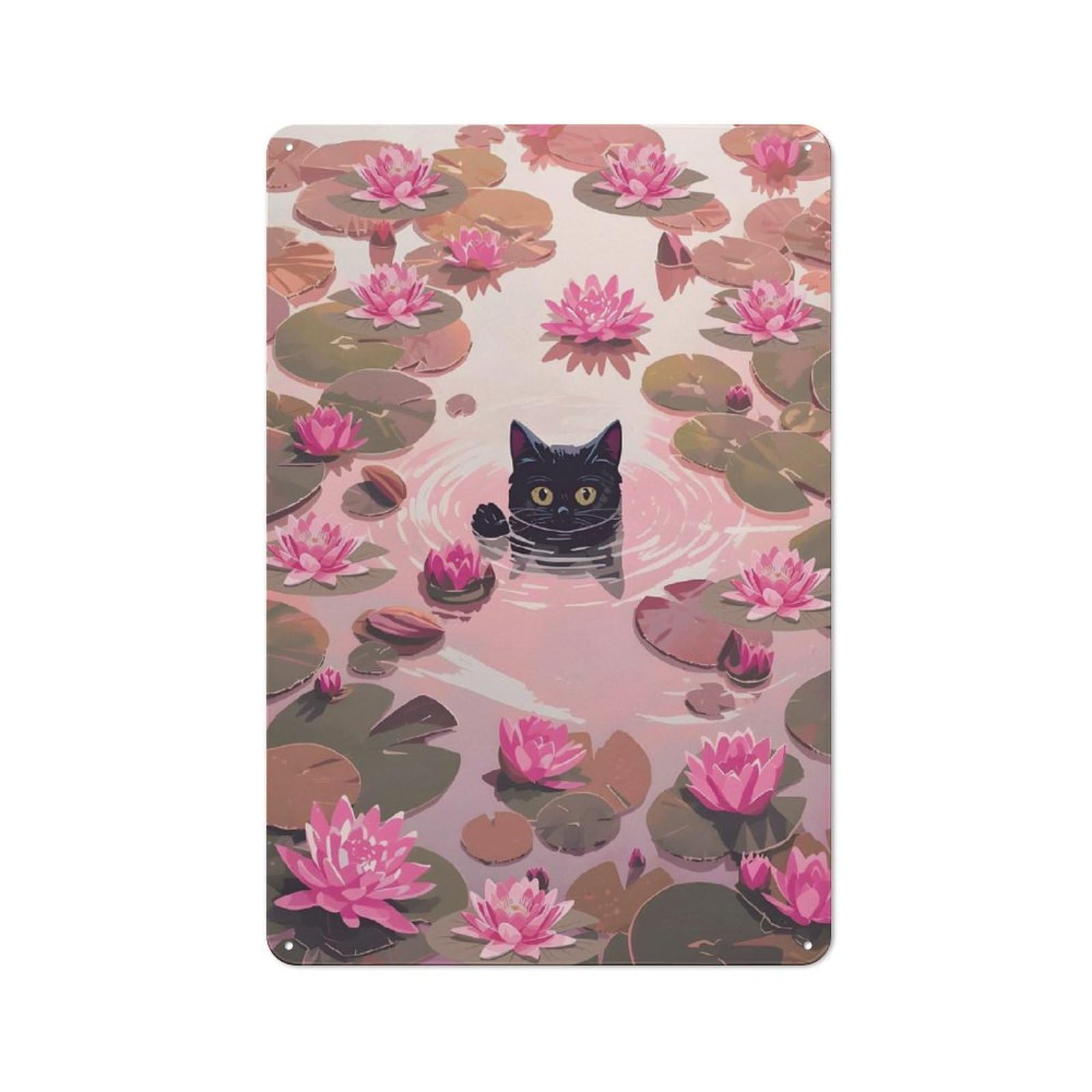 Junmoney Style-2 Black Cat In Pink Lily Pond Vintage Metal Sign 30X20cm For Lounge Or Reading Corner, For A Room Refresh Centred On Metal Wall Decor