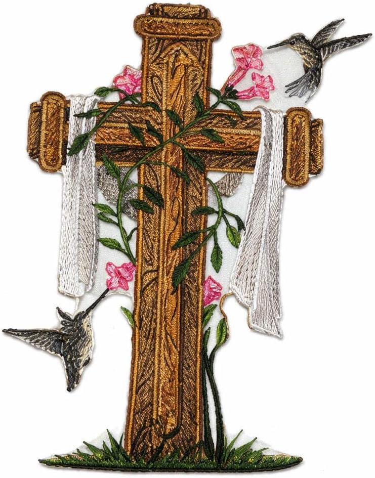 [Custom] Holy Sacred Cross with Nature's Bounty [Cross and Hummingbirds] Embroidery Iron On/Sew Patch [6.5" x 4.85"][Made in USA]