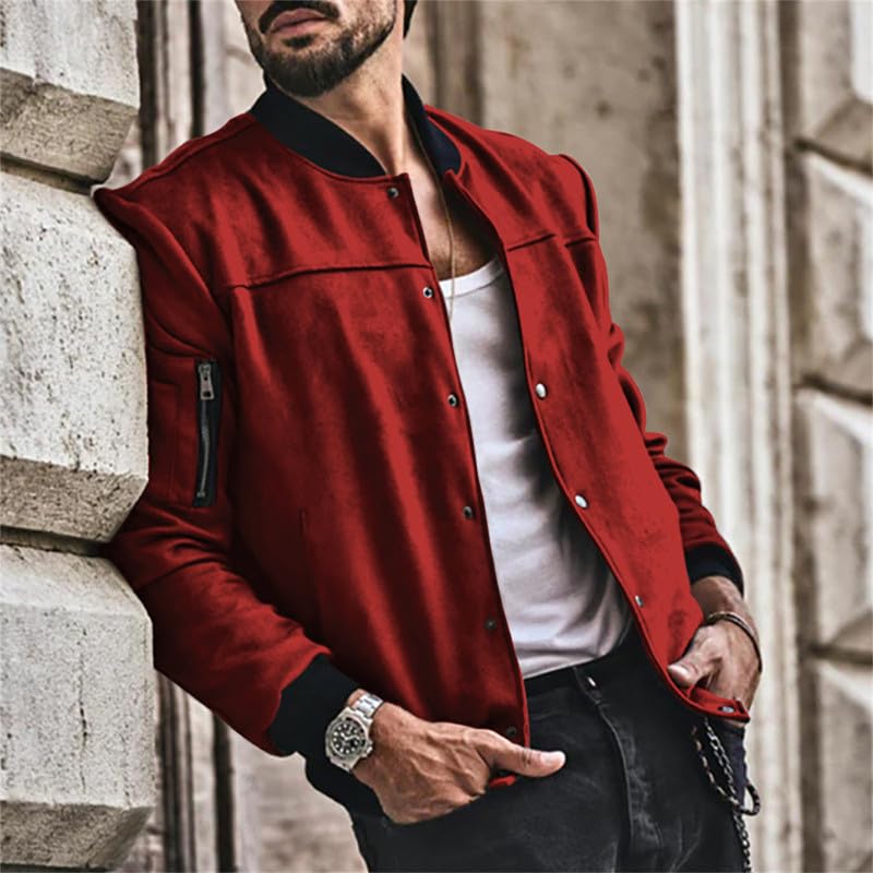 Image of Mens Faux Suede Bomber Jacket Varsity Jacket Windbreaker Vintage Casual Lightweight Leather Coats Jackets