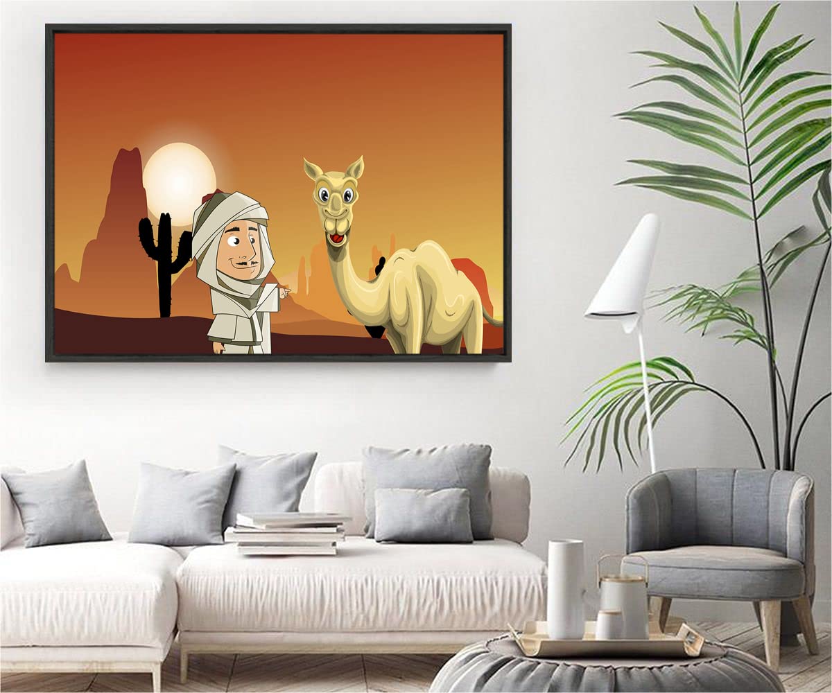 VERRE ART Black Floater Framed Canvas - Wall Decor for Living Room, Bedroom, Office, Hotels, Drawing Room (34in x 22in) - Desert Safari Camel Cartoon Illustration