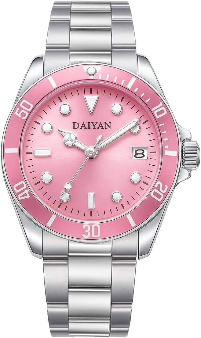 PASOY Women’s Pink Dial Watch Elegant 38mm Stainless Steel Bracelet Luminous Waterproof Quartz Movement Date Display