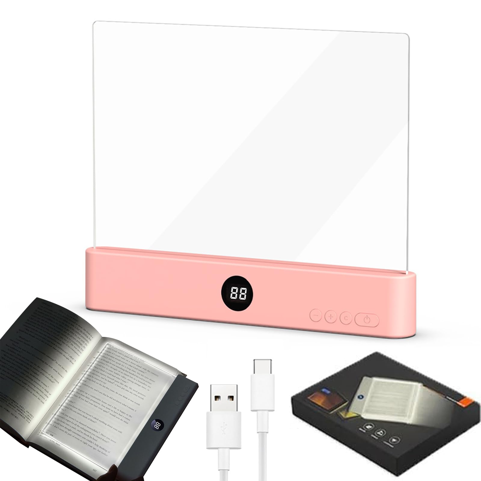 Smart LED Book Light, Rechargeable LED Clear Full Page Reading Light with 3 Colors & Timer, Dimmable Clear Flat Reading Light, Student Reading Lamp Book Light Gifts for Readers Women Men (Pink)