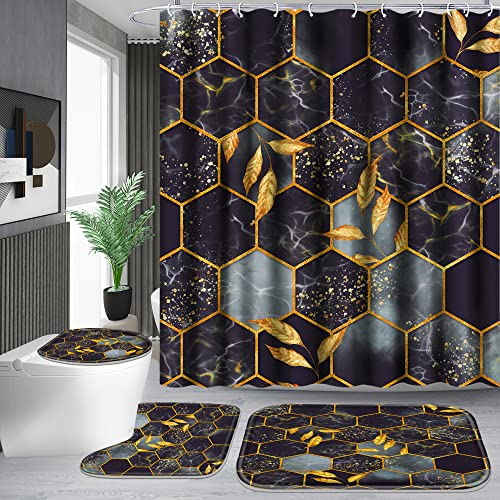 Poedist 4 Pcs Bathroom Shower Curtain Set,Bathroom Sets with Rugs(Bath Mat,U Shape and Toilet Lid Cover Mat) and 12 Metal Hooks,Honeycomb Marble Grey Black
