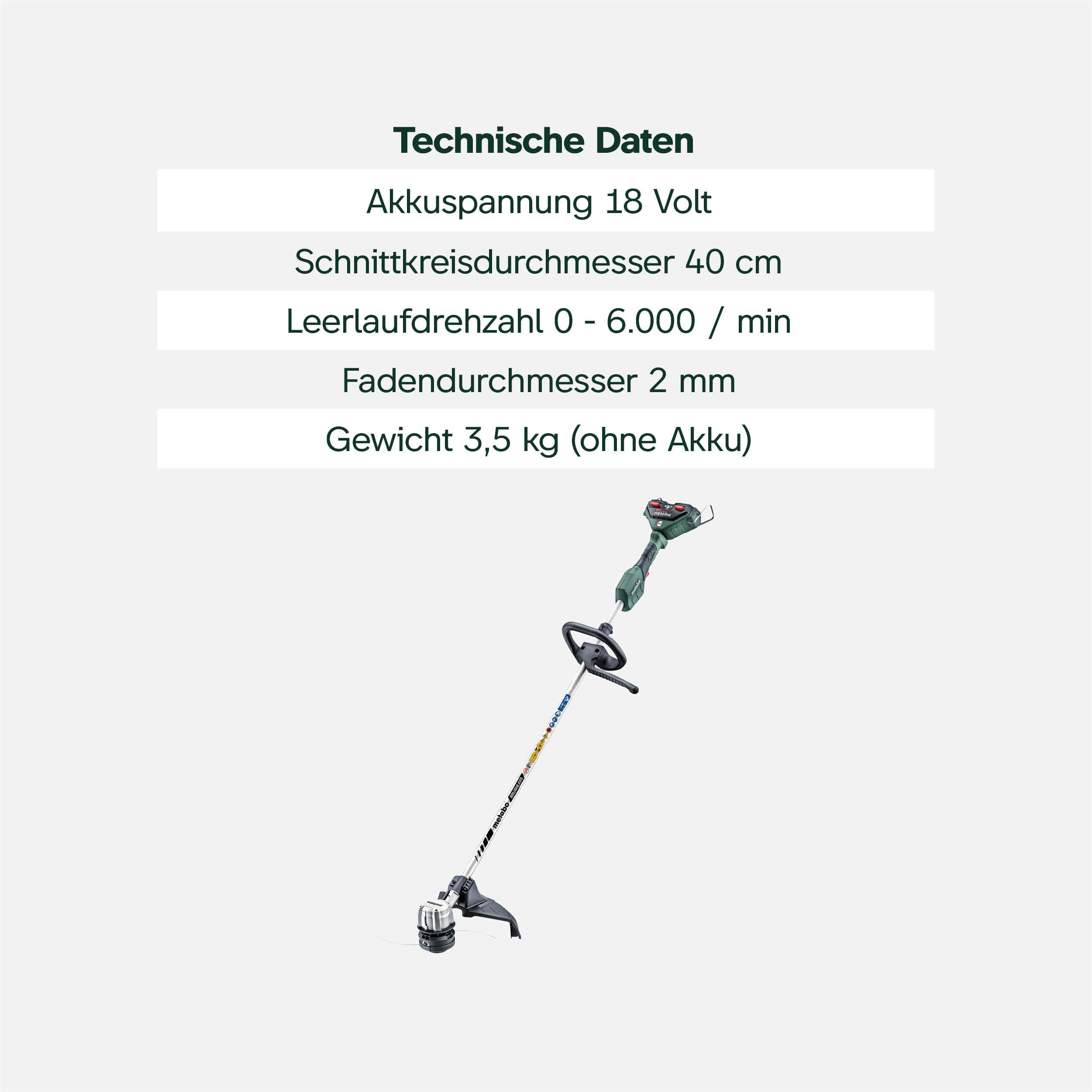 metabo Akku-Freischneider FSD 36-18 LTX BL 40, Trimmer, Rasenpflege | Bürstenloser Motorsense Kantenschneider für den Garten, 40 cm Schnittkreis, ohne Akku, inklusive Gurt und Fadenspule