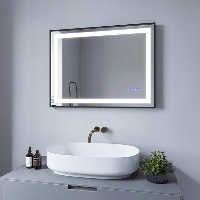 AQUABATOS® SAUTENS lustro łazienkowe z oświetleniem LED, ścienne, podświetlane, przełącznik dotykowy, temperatura barwowa, zimna biel, 6400 K, ciepła biel, 3000 K, ochrona przed parowaniem, IP44, CE,