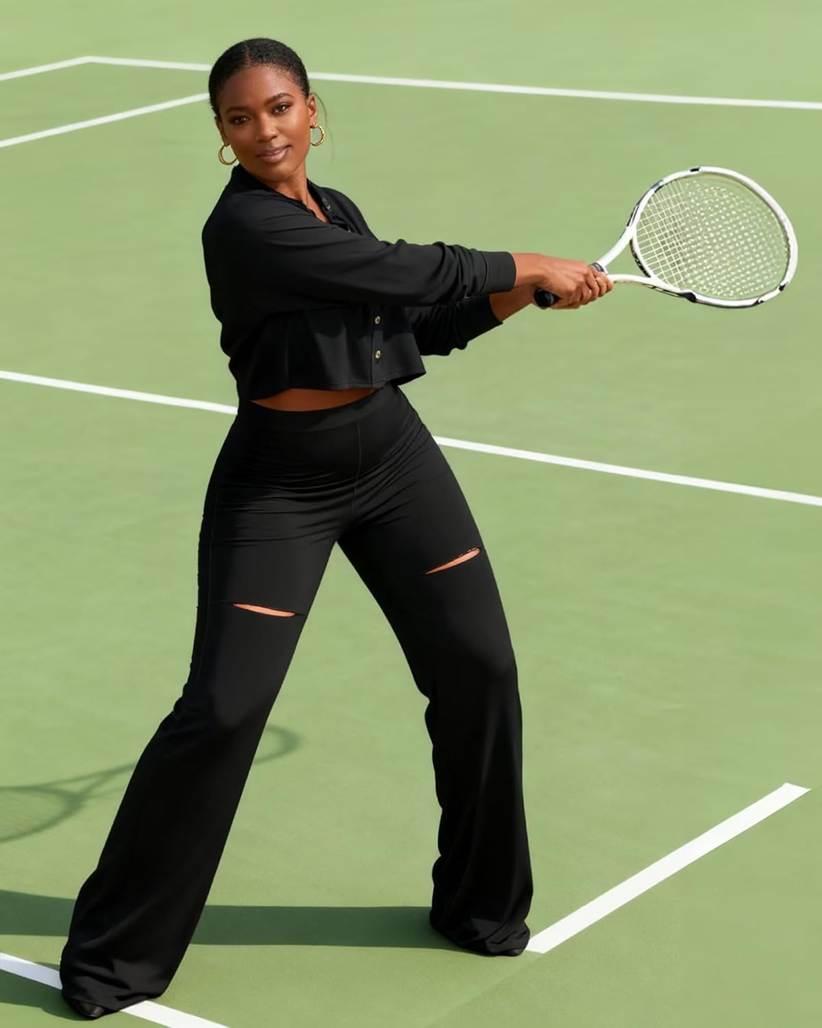 Ophestin Women 2 Piece Outfits Dressy Batwing Sleeve Button Down Crop Top Cut Out Wide Leg Pant Matching Tracksuit Sets - Image 3