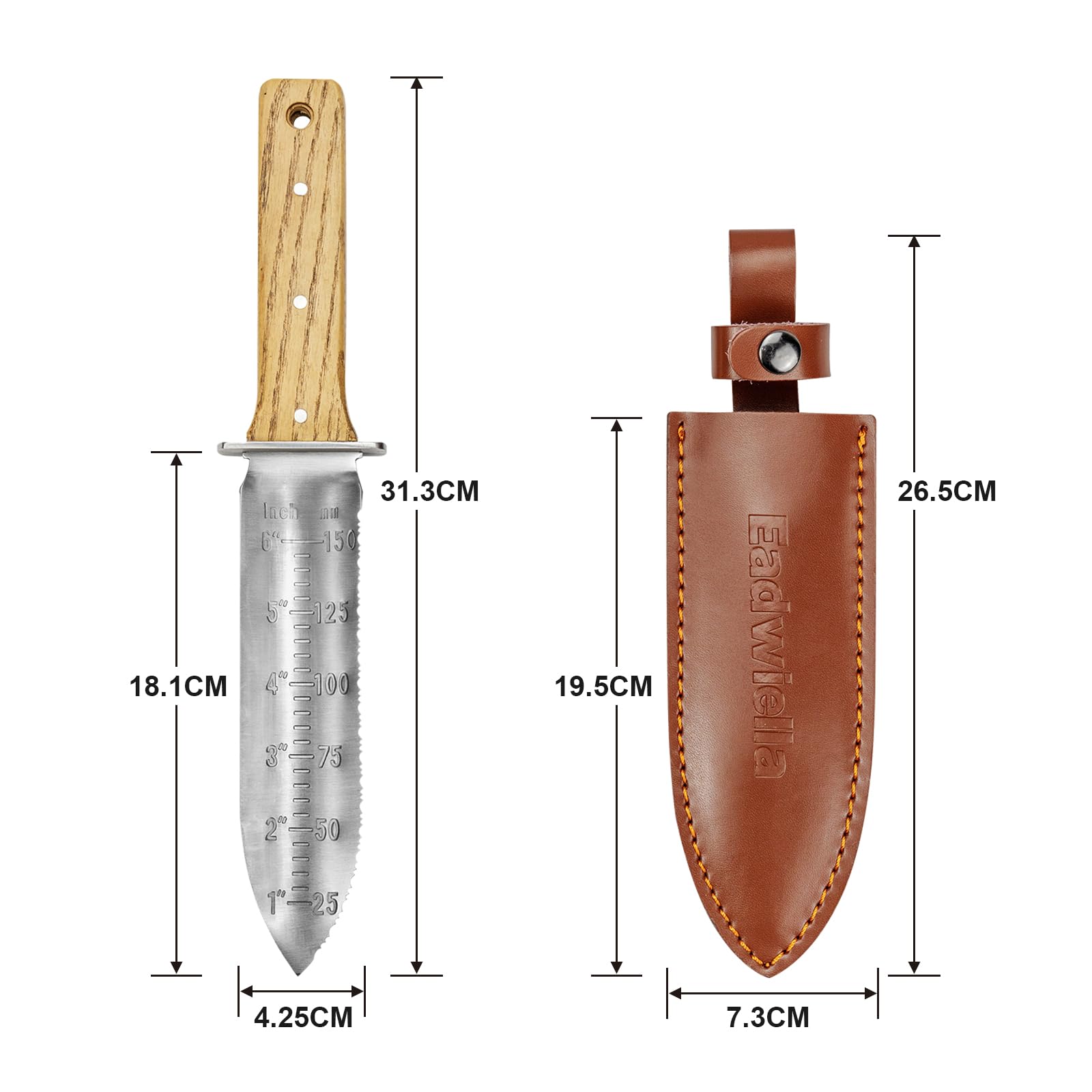 Gartenmesser, Grabungsmesser mit Lederhülle zum Graben, Pflanzen und Beschneiden, Ideales Gartengerät mit 150-mm-Tiefenmarkierung.