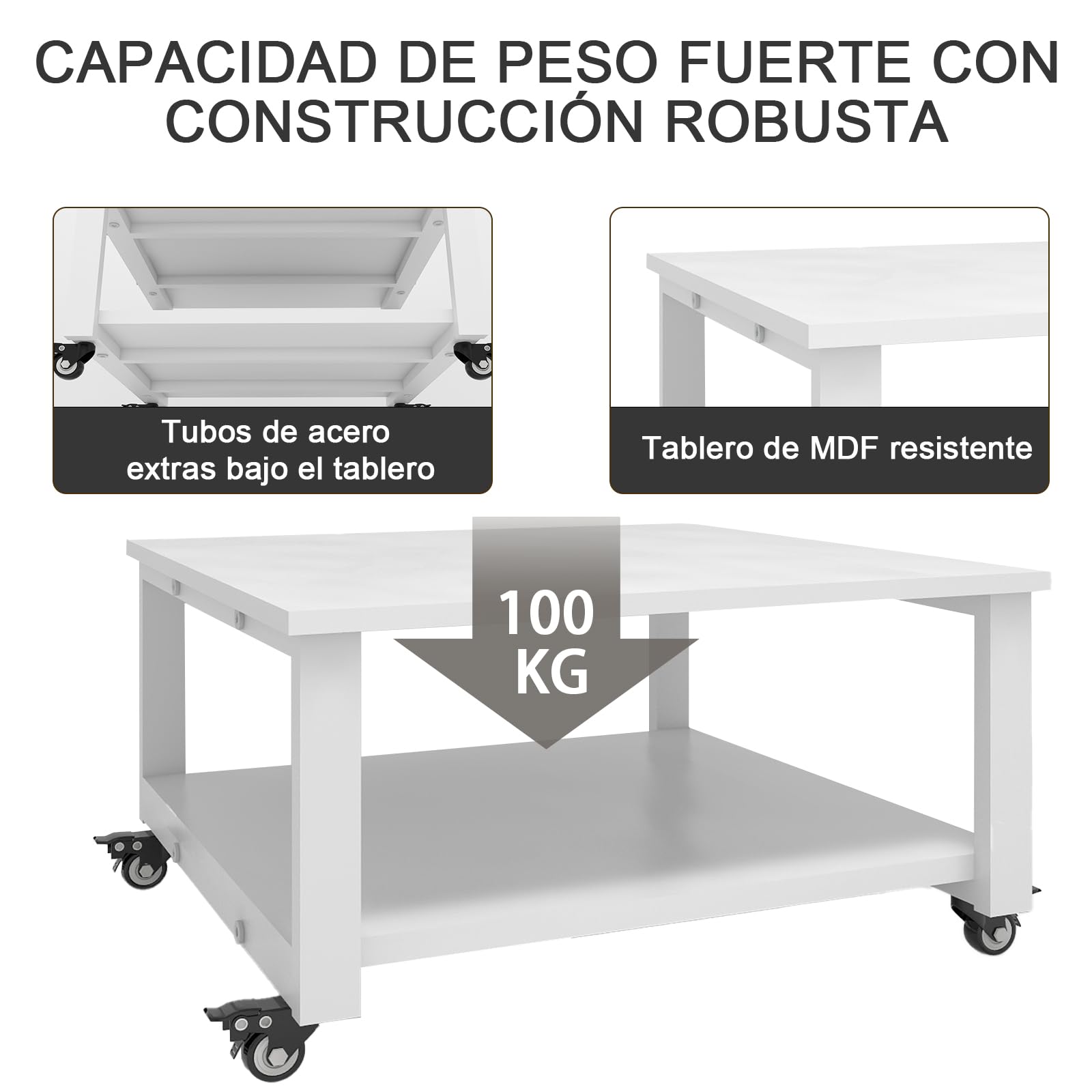 PUNCIA Mesa para Impresora de 2 Niveles con Ruedas Soporte para Impresora móvil de Madera y Metal Carro para Impresora Estante de Almacenamiento 60 x 60 x 32 cm Blanco para Oficina Hogar Escuela