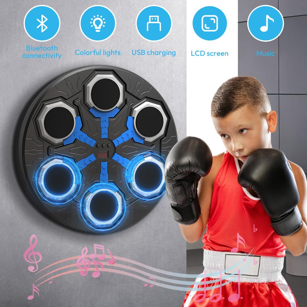 Machine de boxe musicale pour enfants, avec LED, Bluetooth, avec gants de boxe, appareils d'entraînement électroniques, vitesse réglable, mode comptage