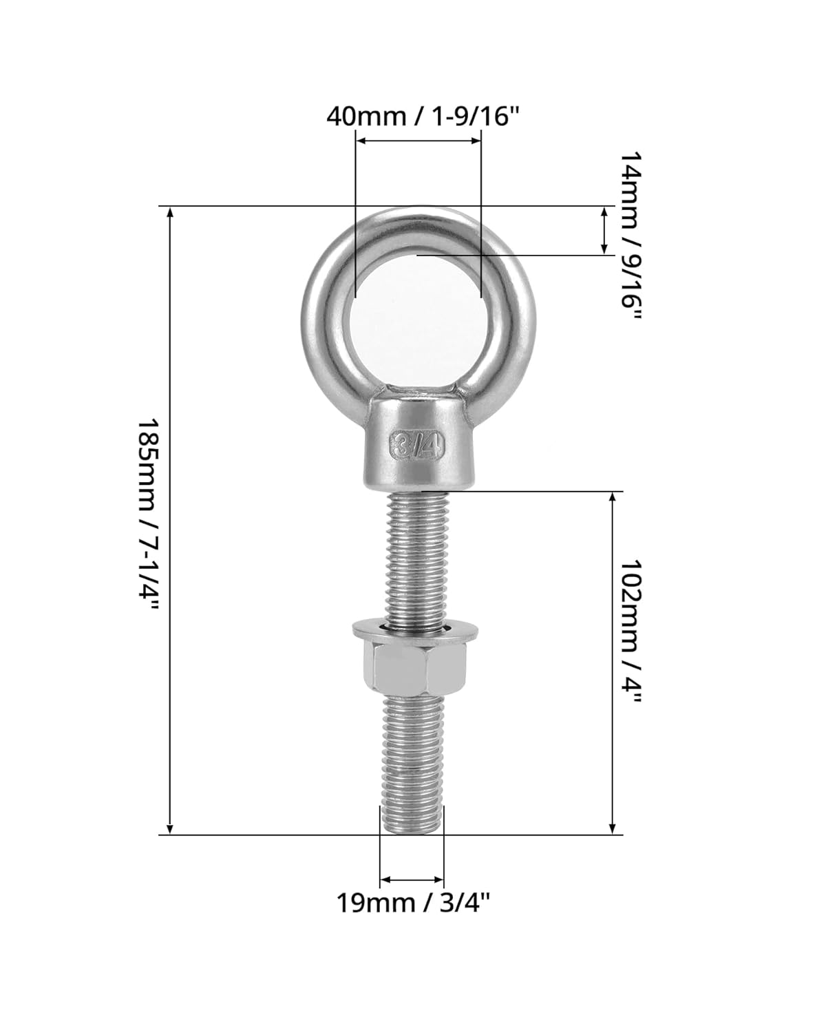 QWORK Stainless Steel Shoulder Eye Bolts 3/4"-10 x 4, 5 Pack – for Lifting, Rigging & Mounting Applications