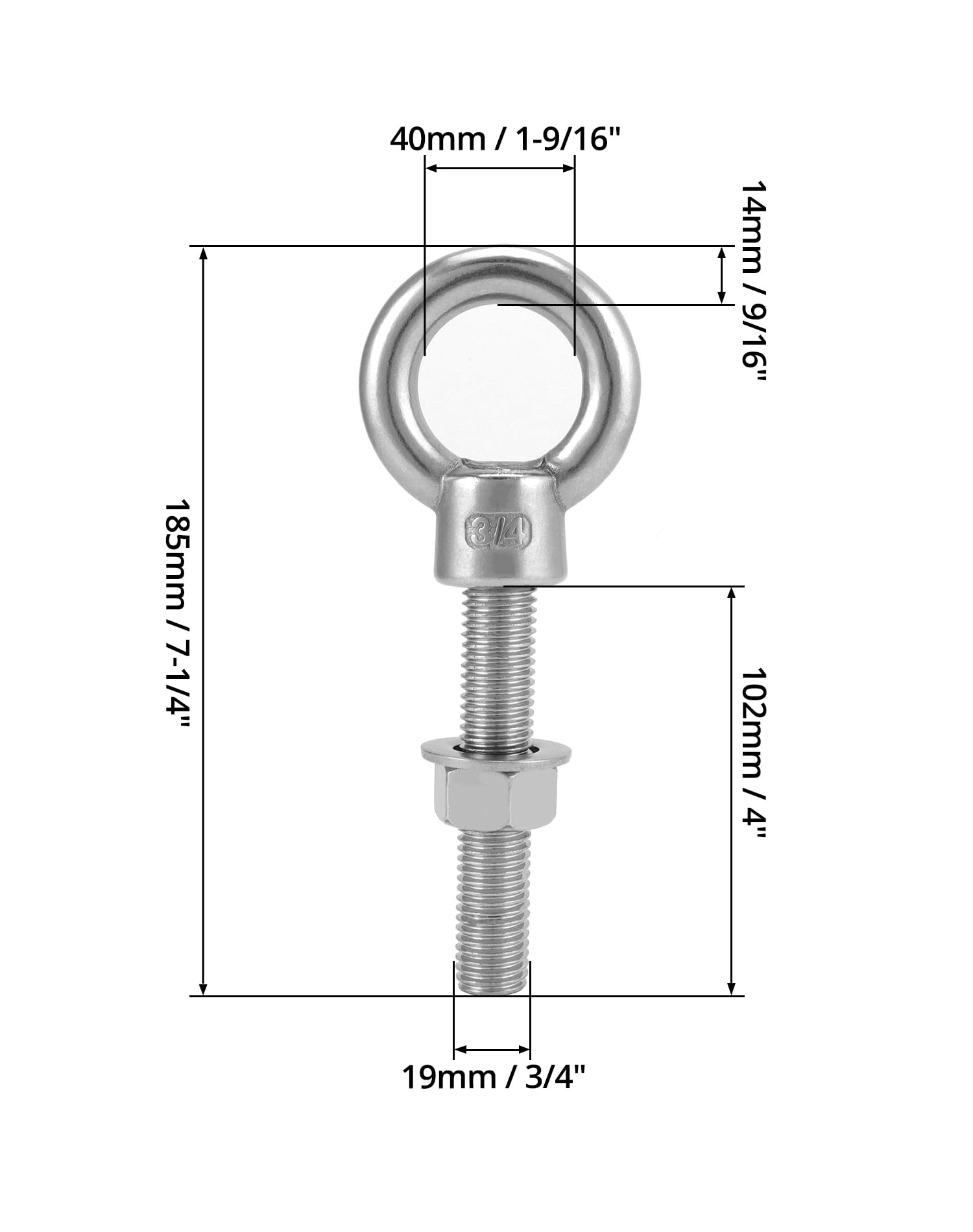 QWORK Pernos roscados, paquete de 5 pernos de ojo de hombro de acero inoxidable de grado marino de 3/4 x 4 pulgadas de largo
