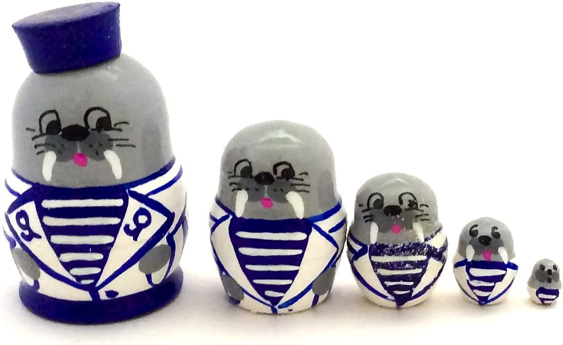 1.25" Tall Walrus MINI Nesting Dolls Russian Hand Carved Hand Painted 5 Piece Matryoshka Set