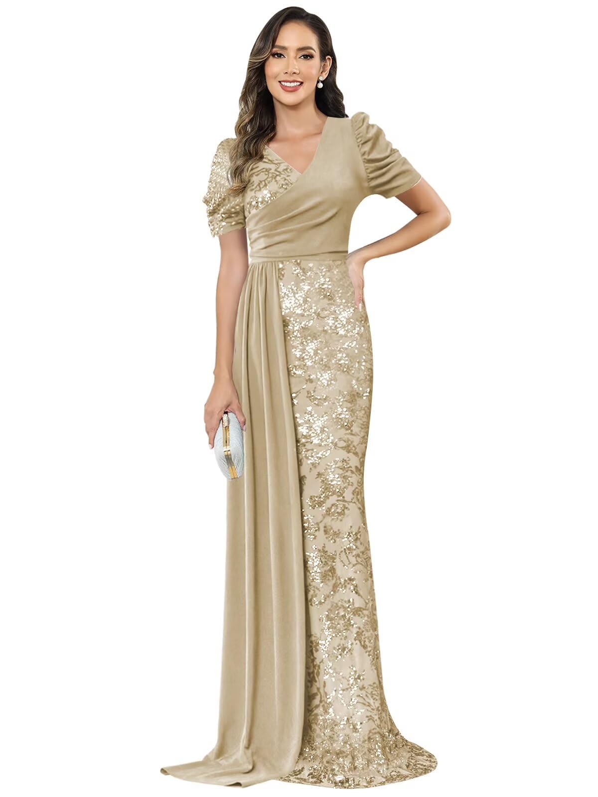 Short Sleeves Mother of The Bride Dresses for Women Mermaid Sequin Chiffon Long Formal Wedding Guest Dress with