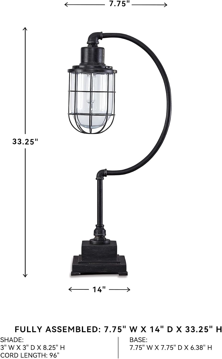 BOWERY HILL Metal Desk Lamp, Antique Black Finish, 33" H x 14.5" W x 7.88" D, Industrial Chic Design with Glass Shade, UL Listed Corded On/Off Switch, Retro Style Table Lamp for Home or Office