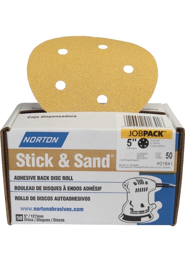 Norton 07660701641 Stick & Sand Sanding Disc, 5 in Dia, Coated, 60 Grit, Coarse, Aluminum Oxide Abrasive - Pack of 50