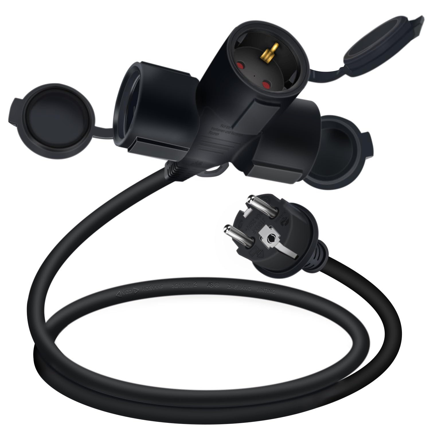Cable Extensión Schuko 16A 250V 3500W Cable de Extensión con 3 Enchufes de Contacto Protector IP44 H05RR-F3G 1.5mm² Cable de Alimentación para Interior o Exterior (Negro, 1.5m)