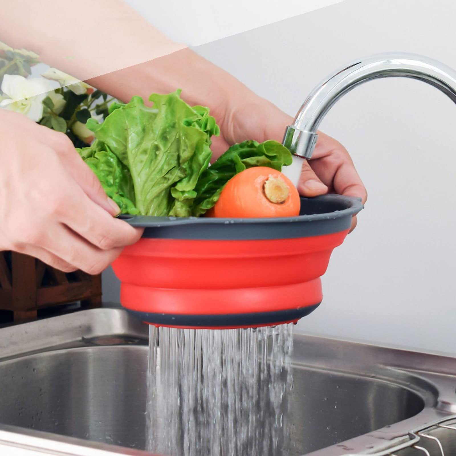 Cesta coladora plegable para fregadero, cesta de drenaje para frutas, verduras, escurridor plegable con asa, herramientas de almacenamiento de cocina (verde)