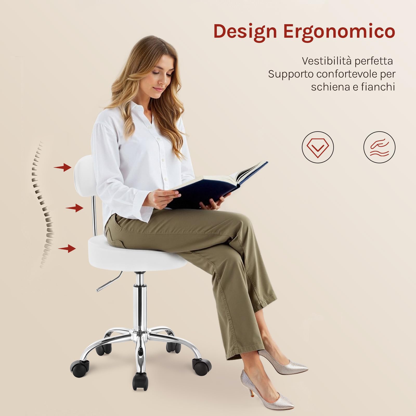 WOLTU Sedie Ufficio Sedia da Scrivania Sgabello con Schienale 47-59cm PU Cromato Girevole Moderno, per Ufficio, Salone, Massaggio, Toeletta Trucco, Bianco