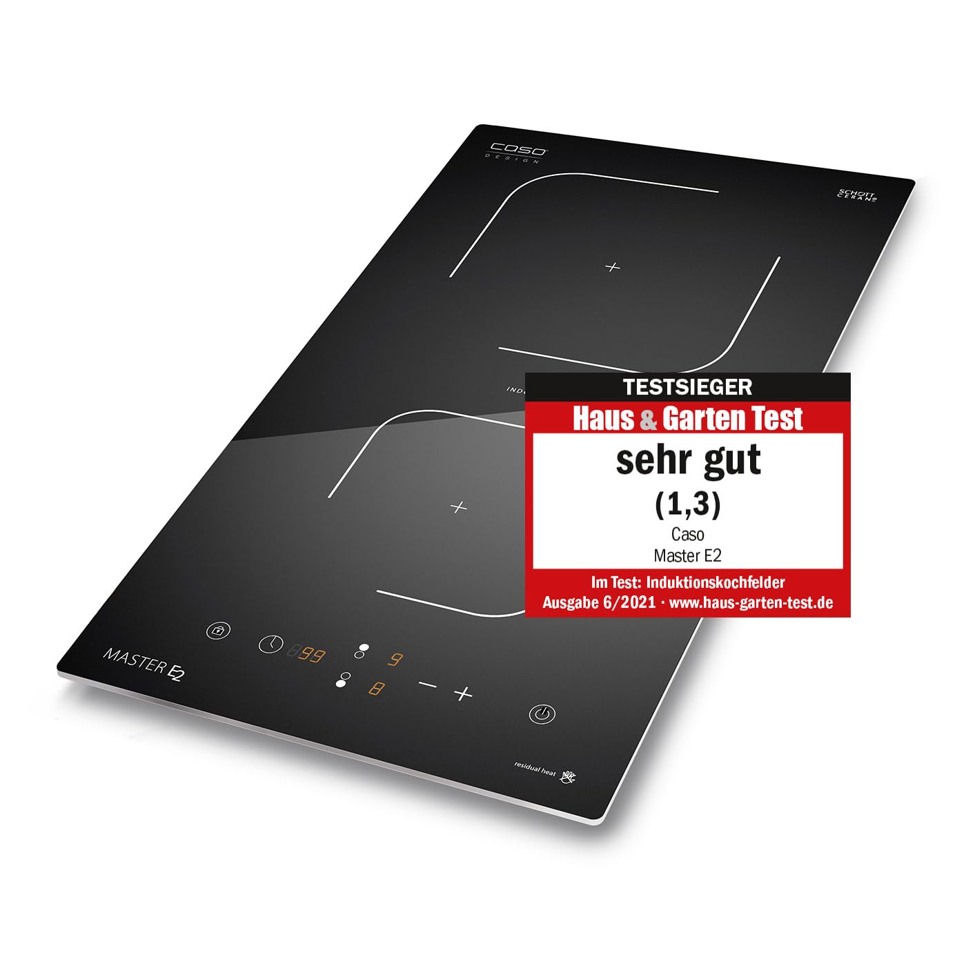 CASO Master E2 Induktionskochfeld, Testsieger Haus & Garten Test, Einbaukochfeld mit 2 Kochzonen, max. 2000-3500 Watt, Booster, Timer von 1-99 Min., Töpfe bis 26 cm