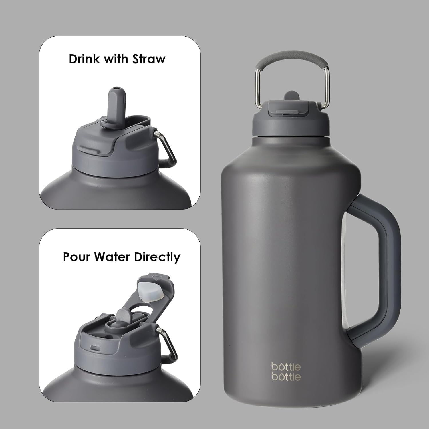 BOTTLE BOTTLE Insulated Water Bottle 64 oz with Straw and Dual-use Lid Stainless Steel Water Bottle for Men with Handle Vacuum Insulated Beer Growler for Workout Sports Soccer gray