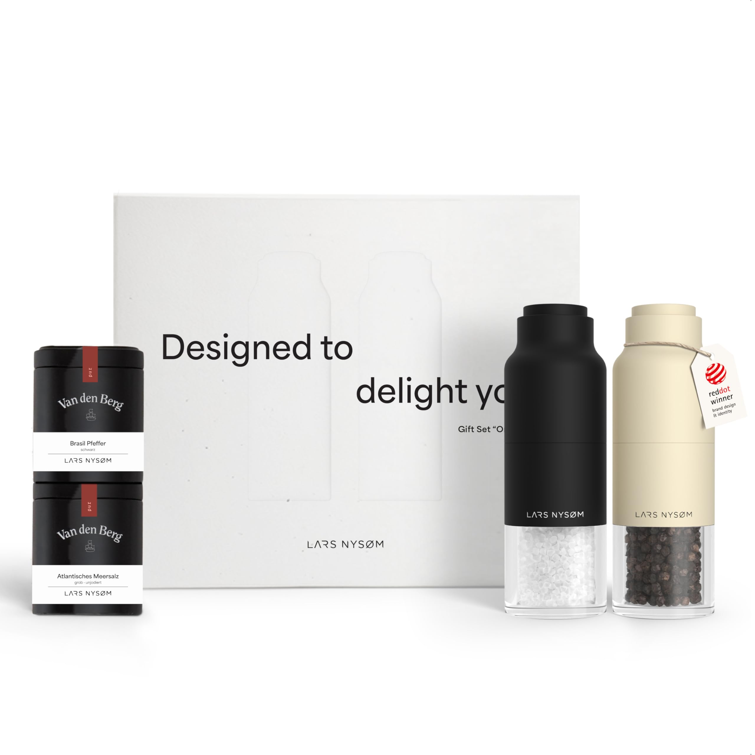 LARS NYSØM Salt and Pepper Grinder Gift Set - Bottle Design Mills with 2 Premium Spice Tins - Elegant Kitchen Gift Box for Food Lovers (Black/Beige)