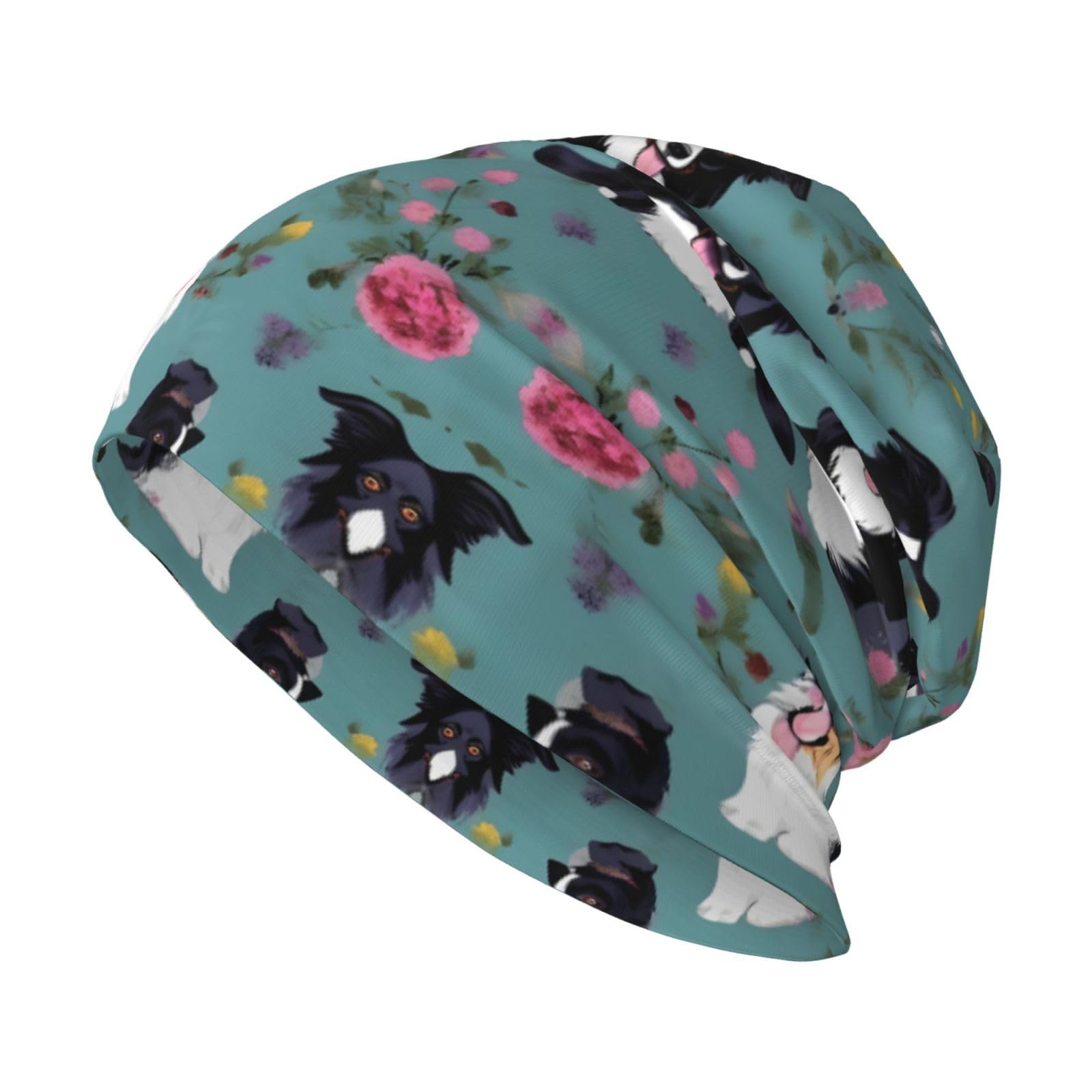 Mypiky Unisex Border Collie Florals Print Beanie Hat Slouchy Cap Knitted Hat Cancer Headwear Chemo Caps Knitted Hats For Women Men, One Size
