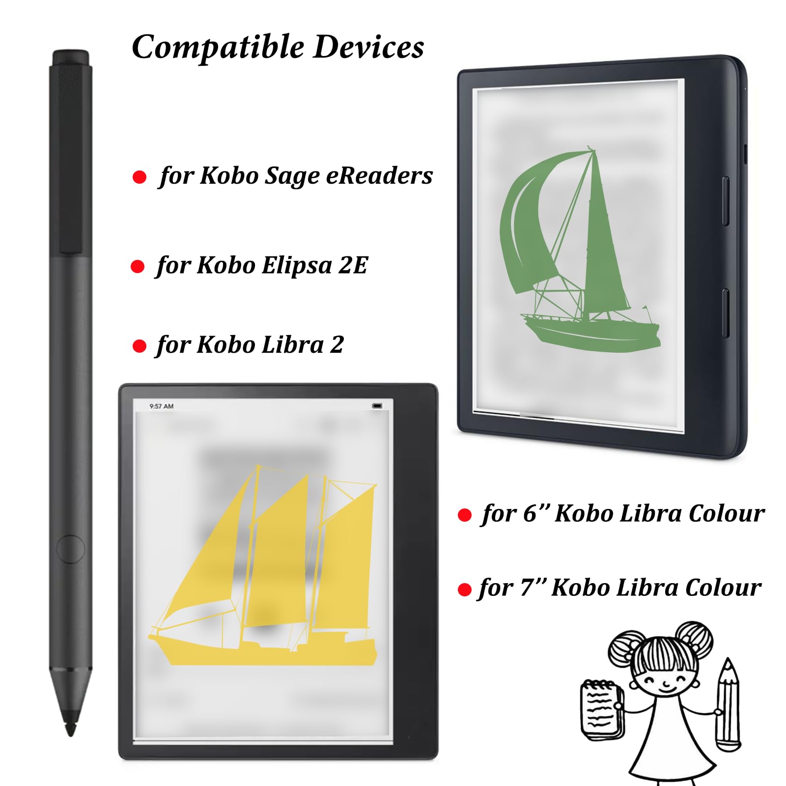 Kobo Libra 2 ブラック + Kobo Stylus Stylus 2 para Kobo Libra Color Stylus, caneta Libra Color para