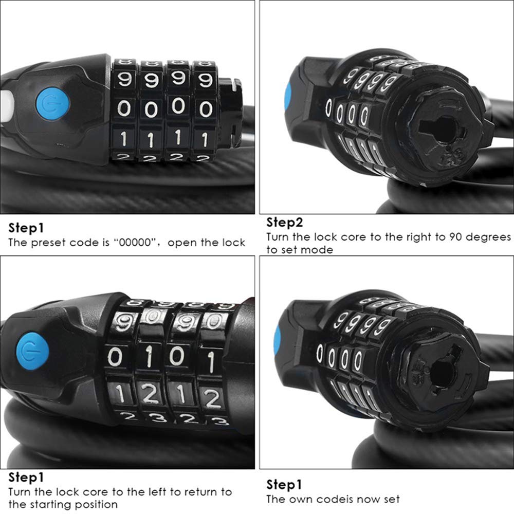 Candado de bicicleta Combinación de código de 4 dígitos Seguridad de bicicleta Candado de bicicleta de ciclismo antirrobo con soporte de candado Luz LED, para ciclos Bicicletas Motocicletas Scooters P