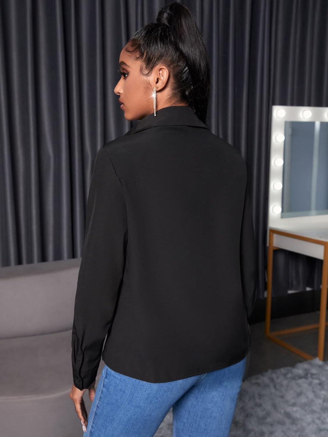 WDIRARA Women's Fringe Trim Button Down Collared Long Sleeve Blouse Top Shirt - Image 2