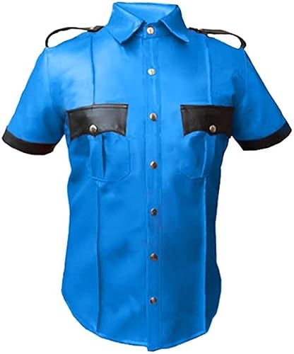 Real Leather Mens Cow Sheep Leather Police Real Uniform Shirt BLUF Gay Mans Shirt Hot Lamb Leather - 3X-Large - Blue - Sheep Leather