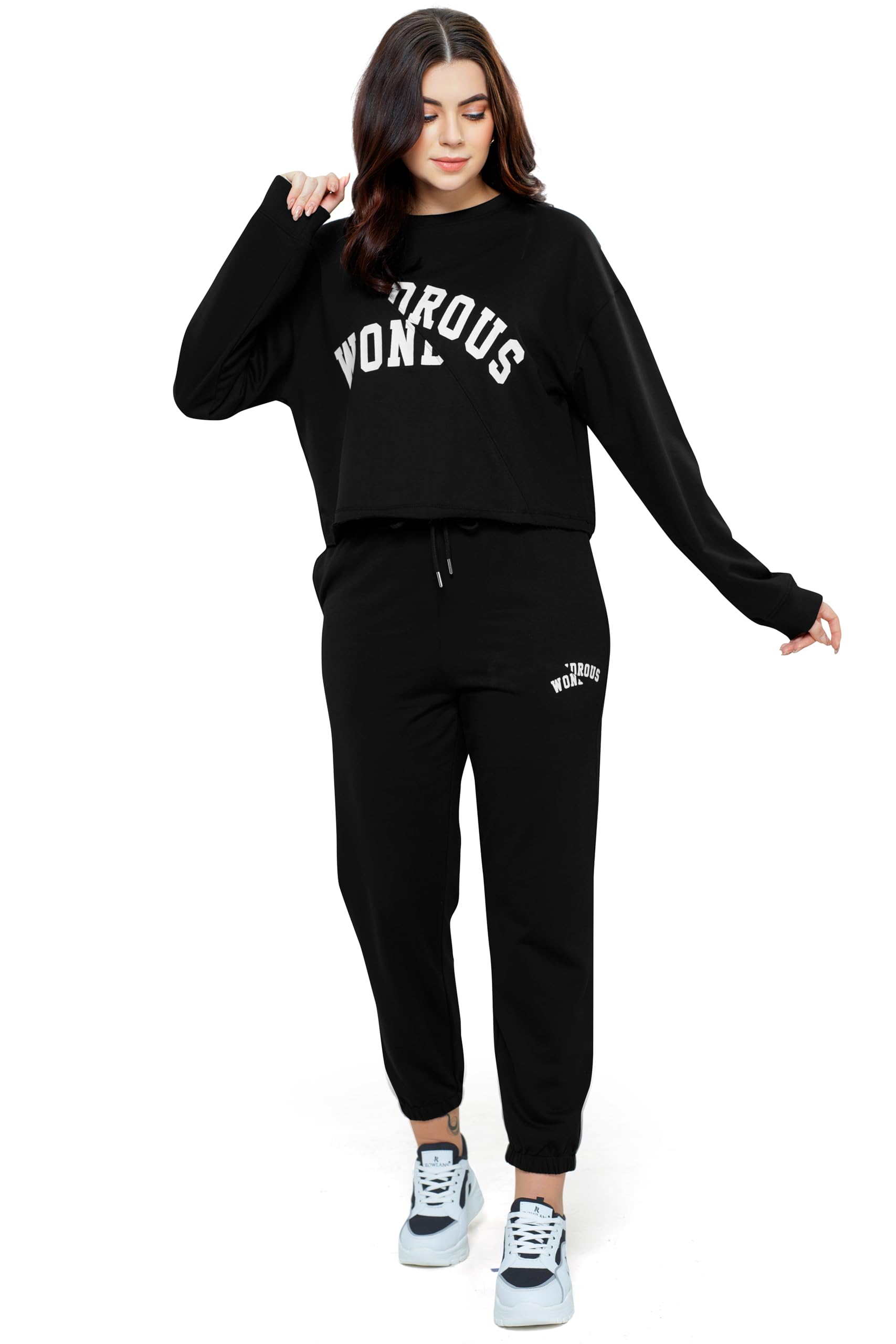 Women Cotton Track Suit Typography Printed Crop Top Co-ords Set