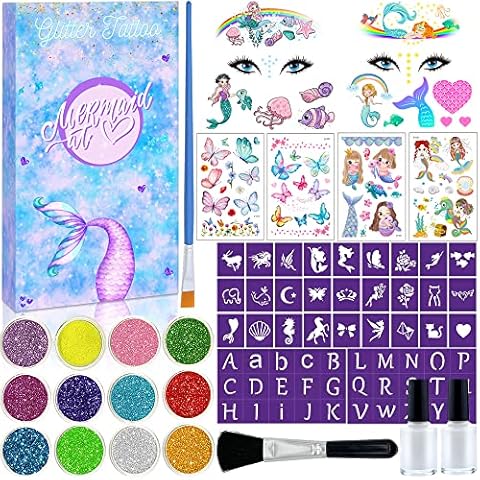 Lubibi Glitter Tattoo Kit, Mermaid Temporary Tattoo For Kids, 6 Tattoo Stickers,12 Colors Glitter,57 Unique Stencils,1 Jewel Sticker, Skin-Friendly Body Face Makeup, Christmas Birthday Gift For Girls Cover