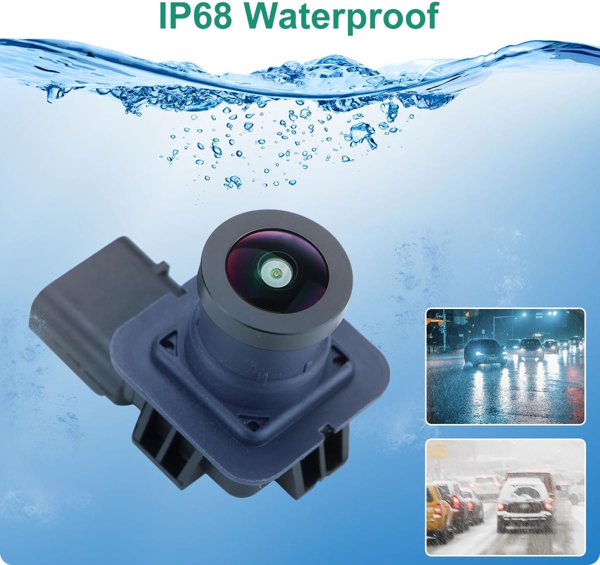 GreenYi backup camera with water splashing, indicating IP68 waterproof rating