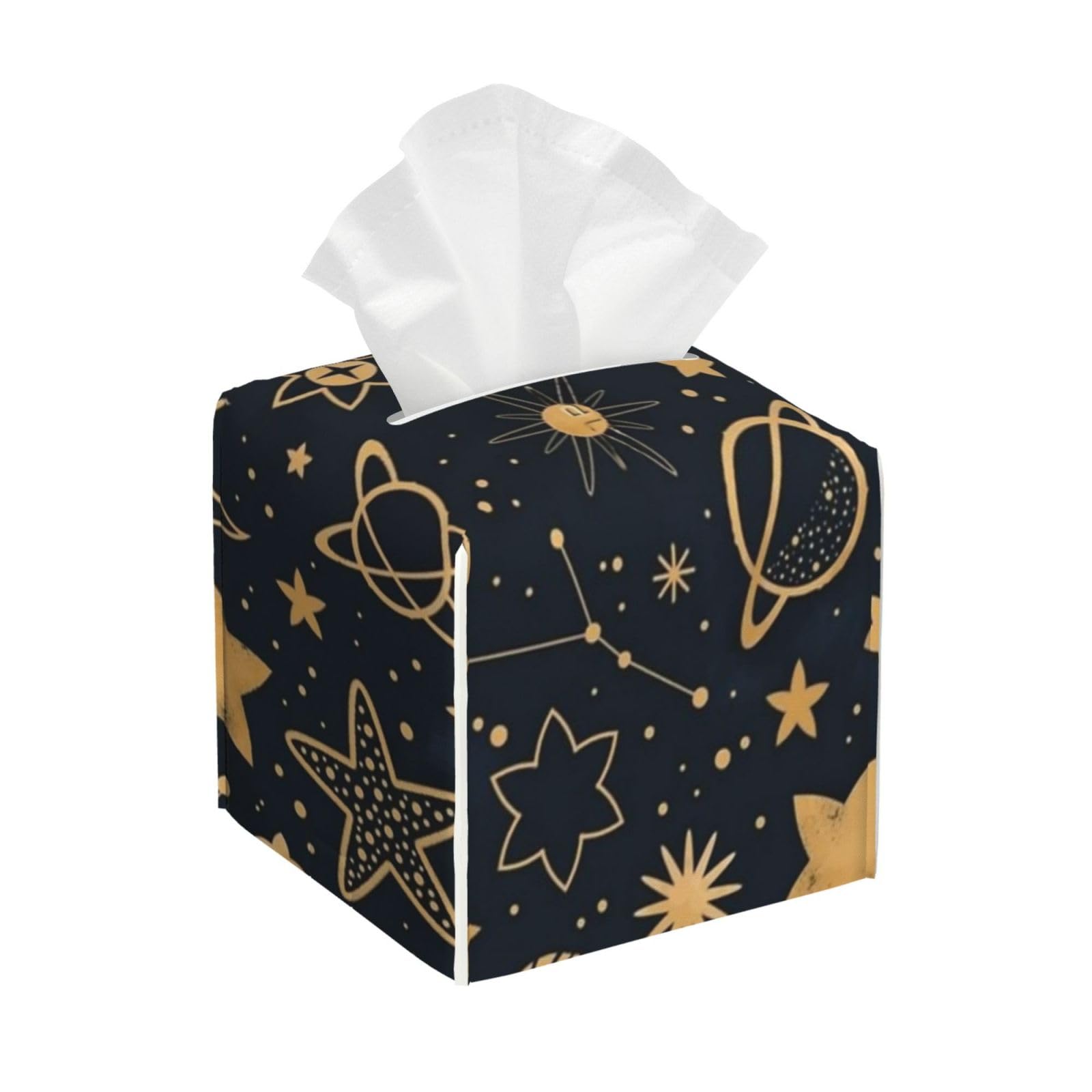 Golden Galaxy Tissue Box Cover 5" Square Leather Tissue Holder Facial Tissue Case for Tabletop Bedroom Bathroom Desk Decor